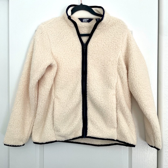 Lands' End Jackets & Coats Lands End Cream With Blue Trim Fleece Sherpa Jacket - Picture 1 of 6